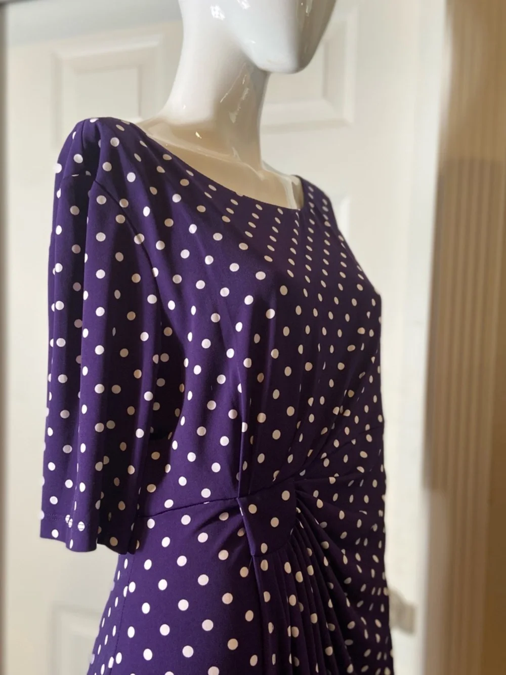 Connected Apparel~Polka Dot~Wrap Dress~Sunburst Side Pleats~1/2 Sleeve~Size 16